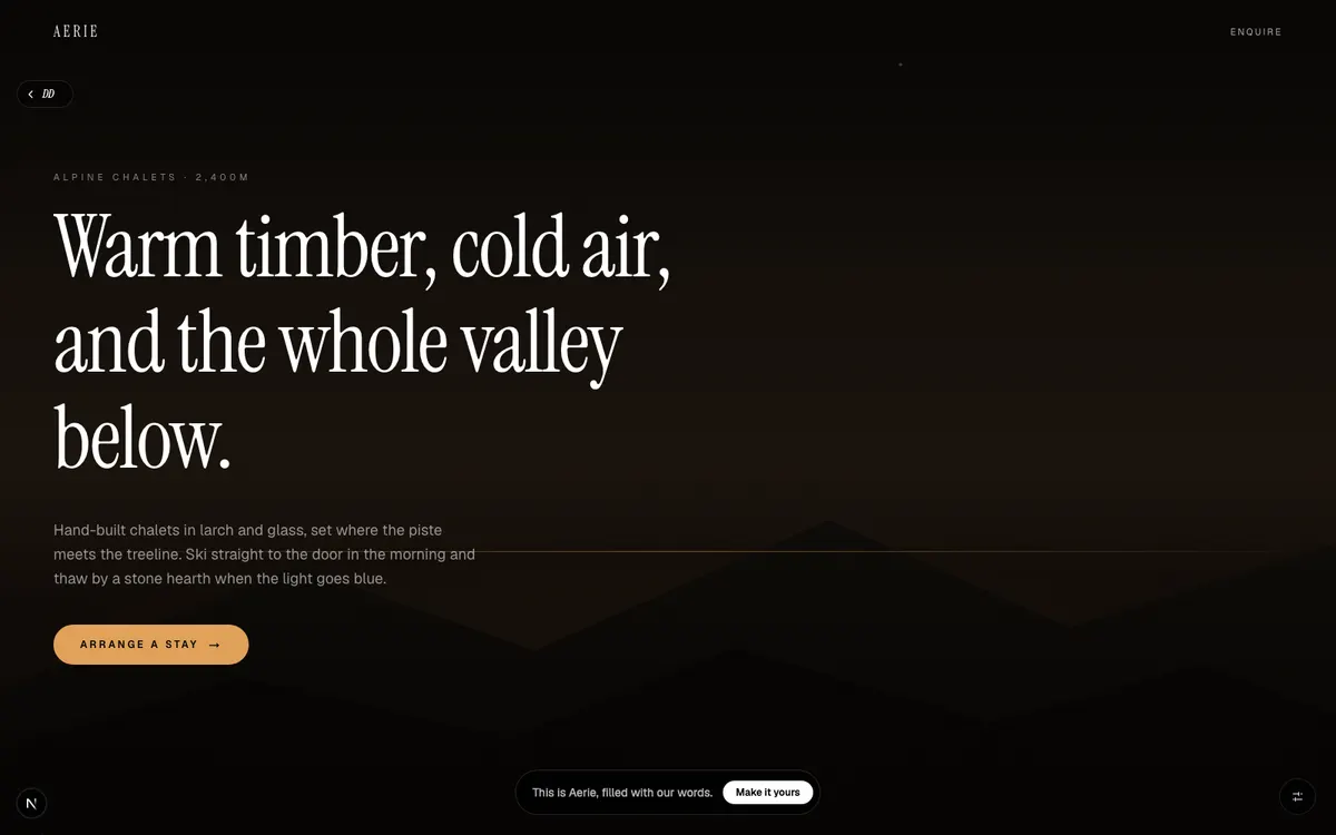 Aerie, Timber-and-glass chalets above the treeline. Ski to the door, thaw by the fire.