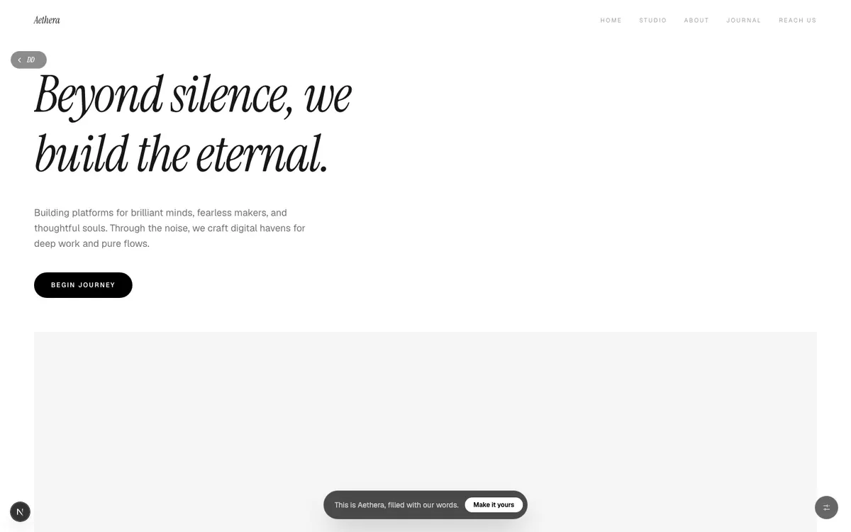 Aethera, White canvas, serif type, and cinematic restraint. A hero that breathes.