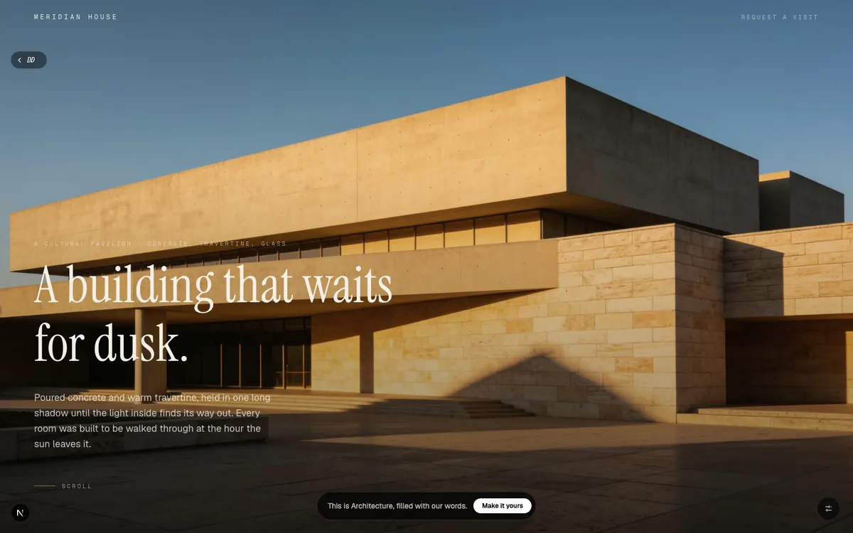 Architecture, A modernist studio's flagship pavilion, told through one continuous dusk.
