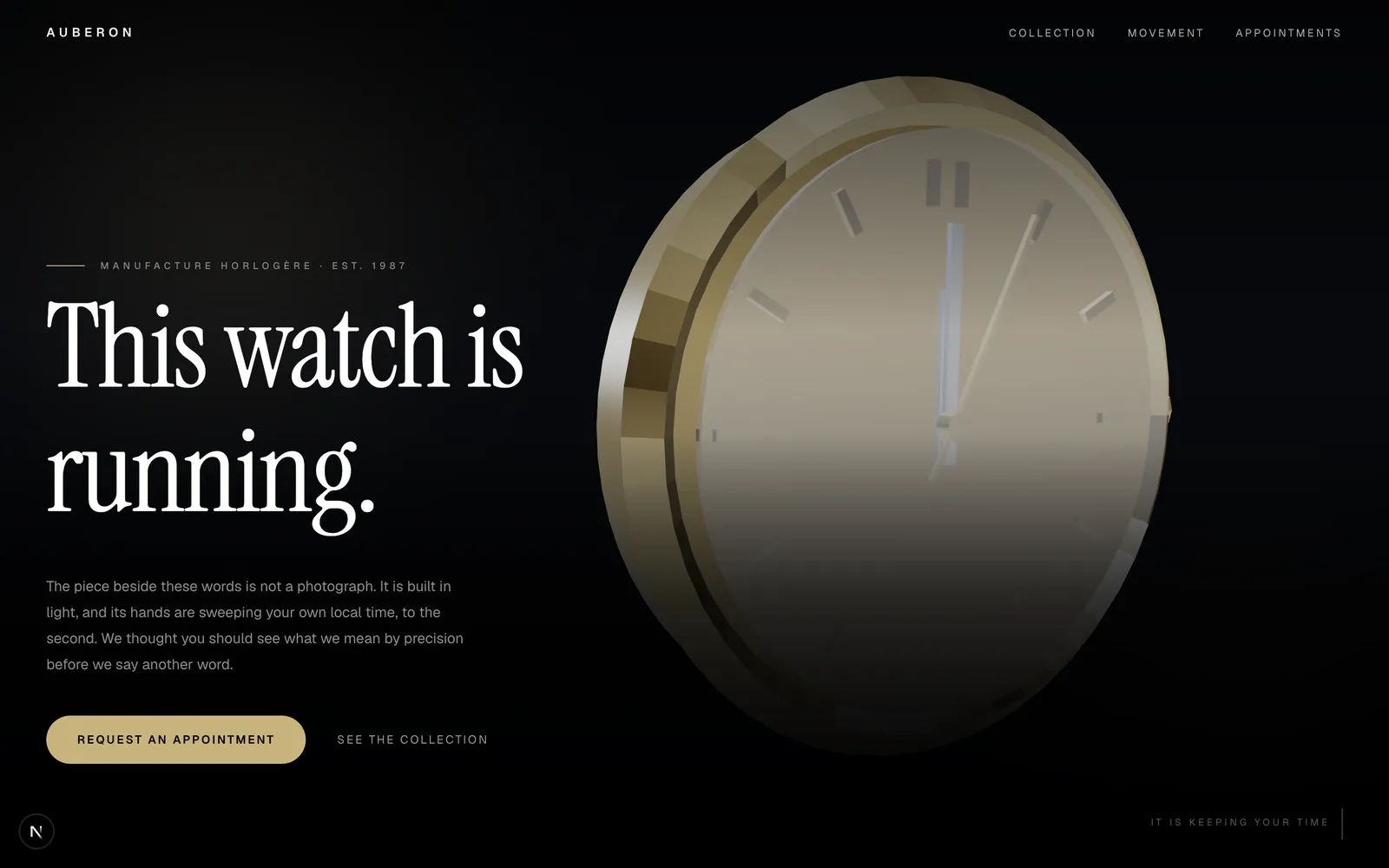 Auberon, A watchmaking house whose hero watch runs on your local time, live in 3D. The movement turns below.