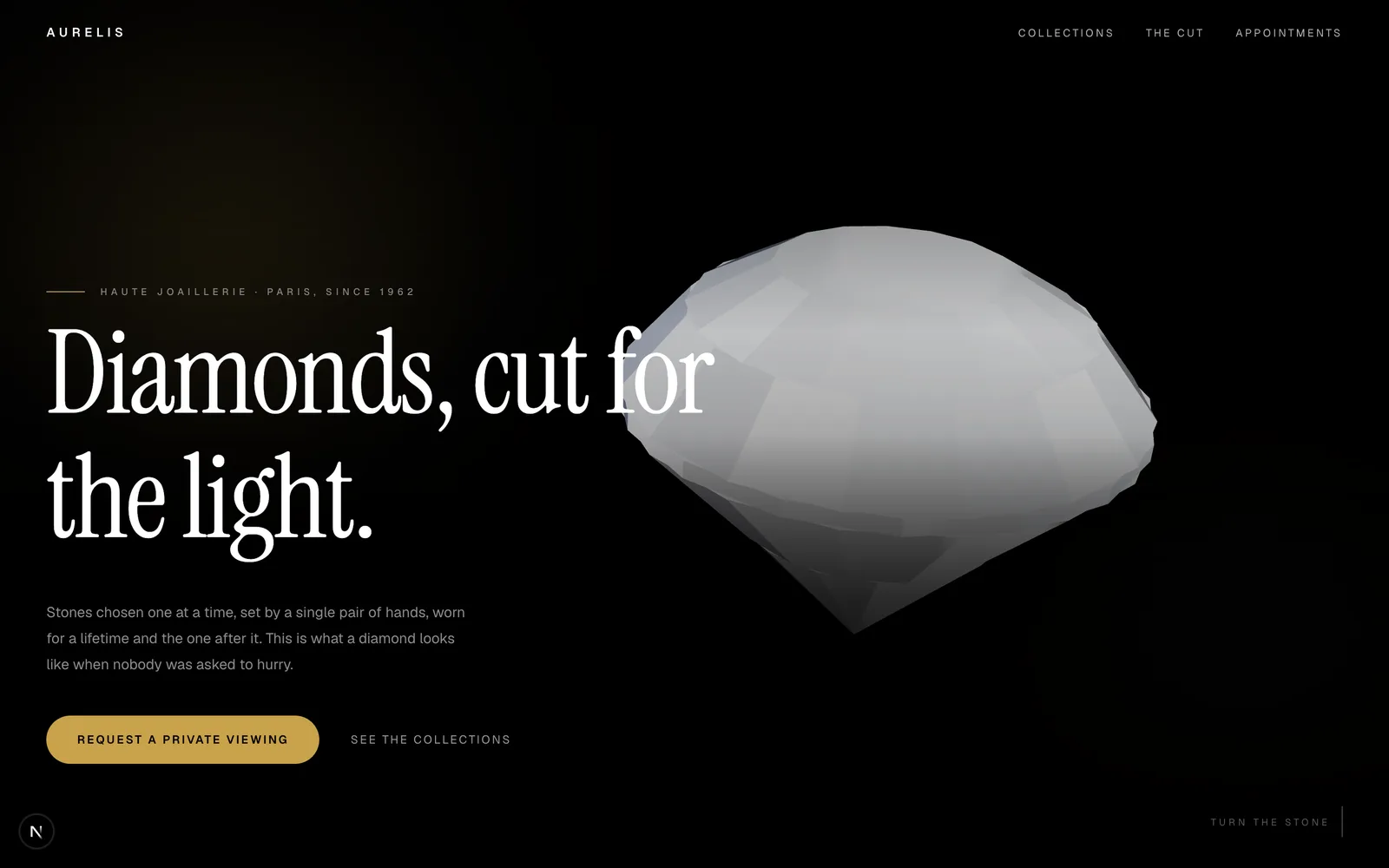 Aurelis, A haute joaillerie house rendered in real time. The diamonds are 3D, lit and turning, not photographs.