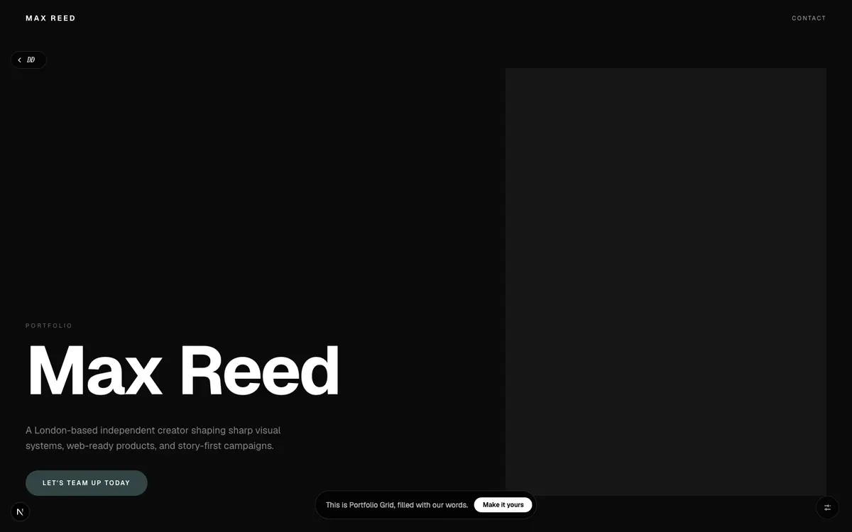Portfolio Grid, Dark bento grid, career timeline, and everything a creative needs on one screen.
