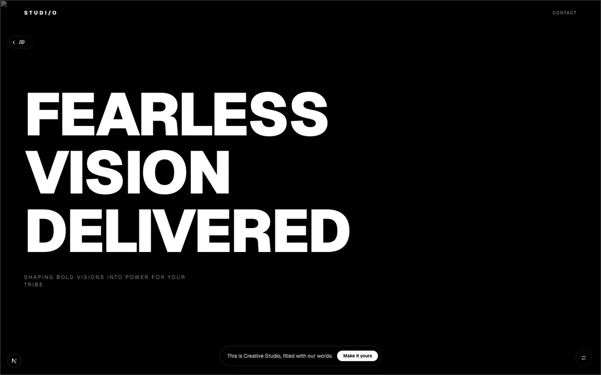 Creative Studio, Full-screen video, bold uppercase type, and stats that hit hard.