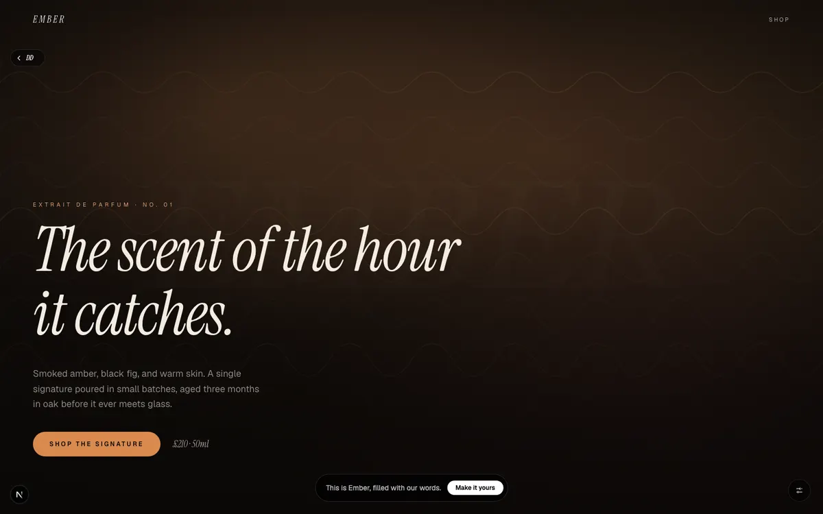 Ember, A perfume house working in smoke, amber, and skin. One bottle, held in the light.