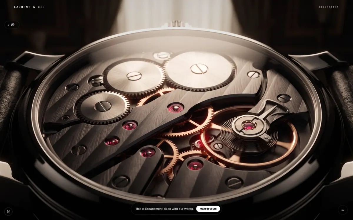 Escapement, Six frames of one movement, arrived at and descended into. Scroll is the only camera it answers to.