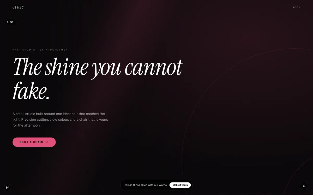 Gloss, A high-end hair studio. Cut, colour and shine, done with a fashion-book eye.