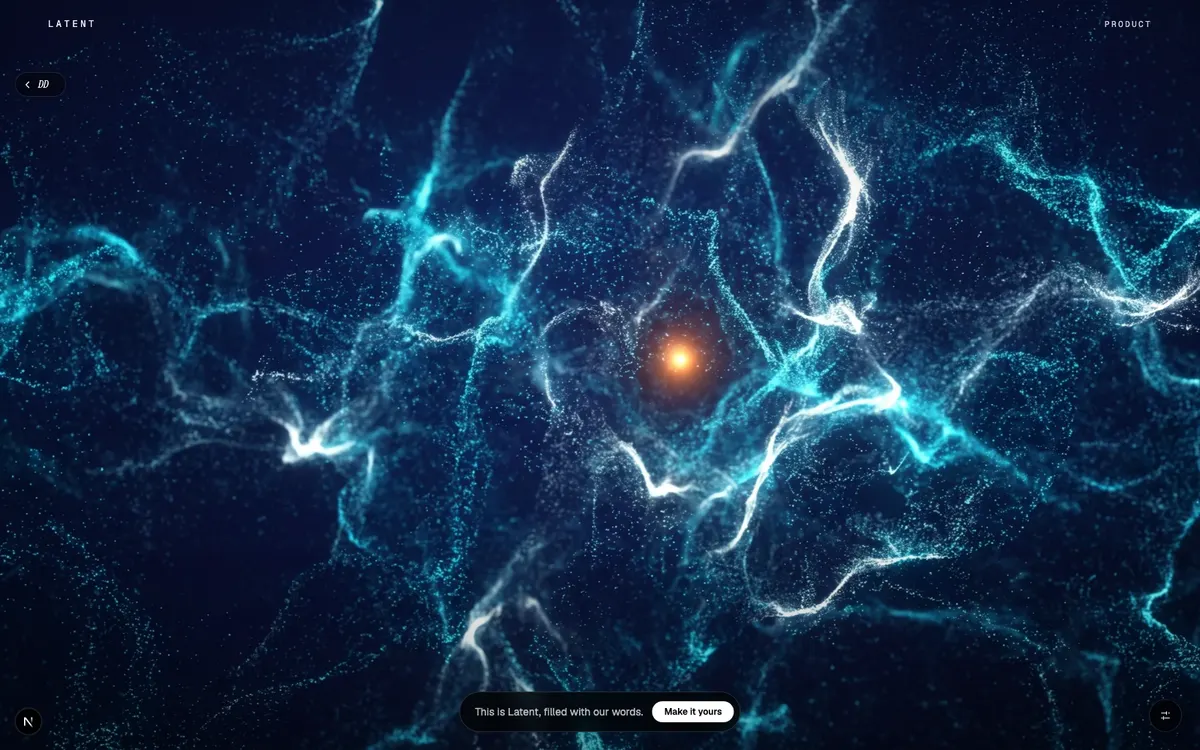 Latent, A journey through latent space: nebulae of meaning, one inference filament, and a wordmark made of half a million particles.
