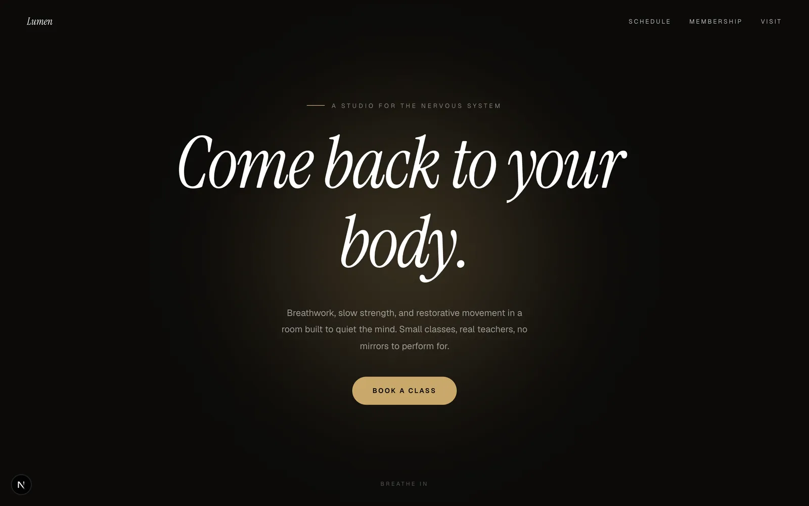 Lumen, A movement and wellness studio, dark and serene. Schedule, practitioners, and memberships that sell.