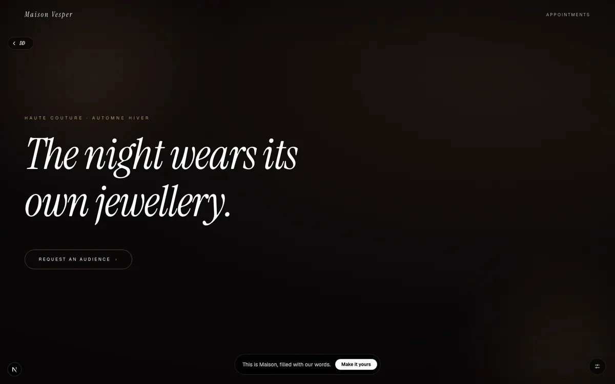Maison, A couture house rendered in candlelight, gold, and unrepeatable seams.