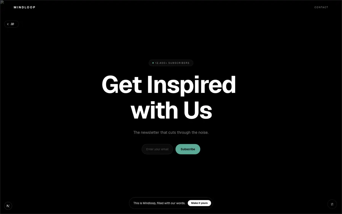 Mindloop, Dark monochrome content platform with scroll-driven reveals and subscriber-first design.