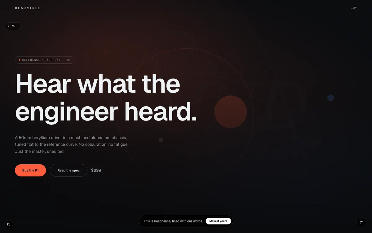 Resonance, Reference-grade headphones, built like an instrument. Silence, then everything.