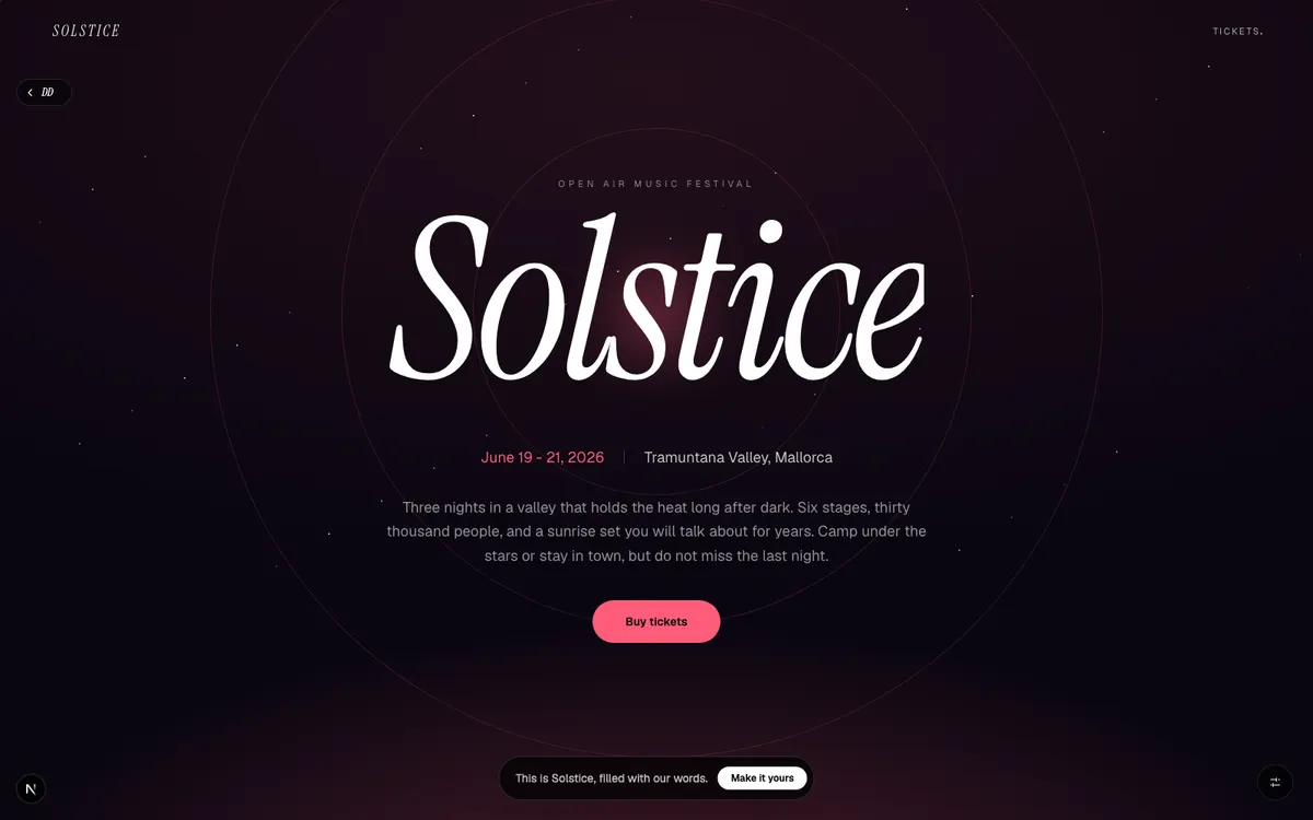 Solstice, Three nights of music under the longest days of the year. Warm, wide open, unforgettable.