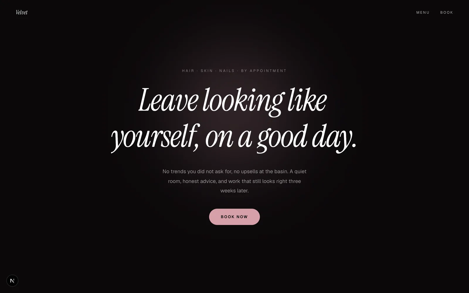 Velvet, A salon set as a service menu: rituals, prices, stylists, and one booking button.